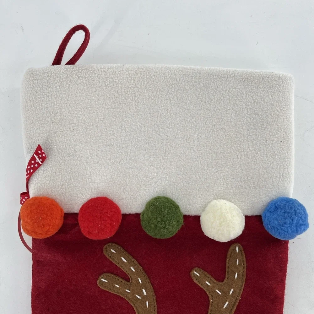 Rare Pottery Barn Felt Christmas Stocking Reindeer Poms Fleece Cuff Stitch, 22